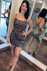 Black Sparkly Tight Bodycon Backless Short Prom Homecoming Dress